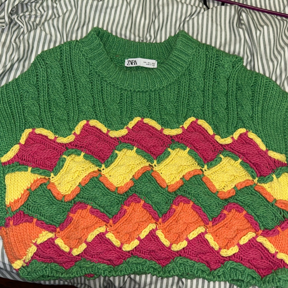 Zara Green Sweater with Pink, Orange, and Yellow Accents